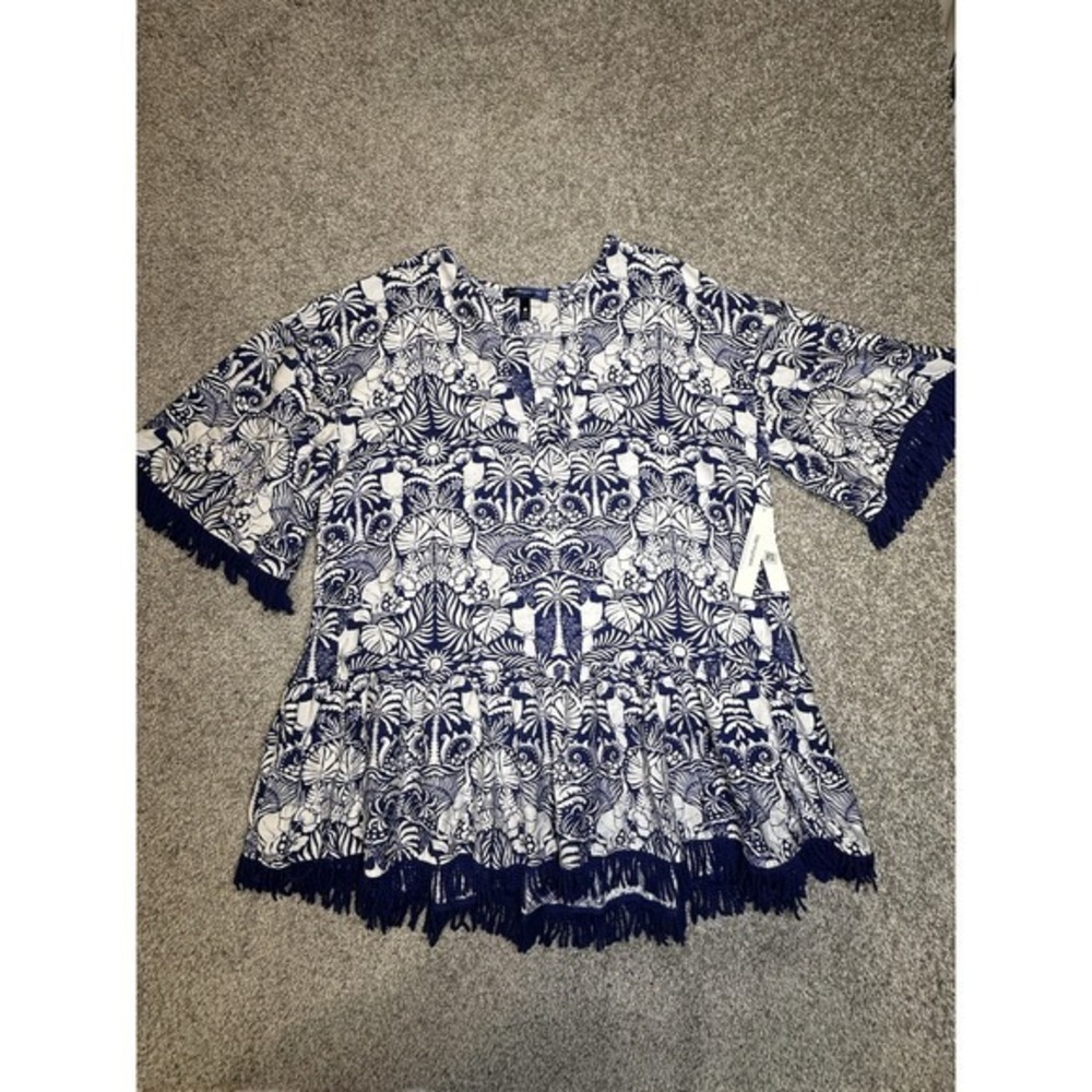 The White Lotus x AQUA Swim Cover Up Dress XL Blue White Fringe NWT